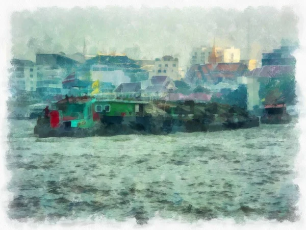 Balsa Rio Rio Chao Phraya Banguecoque Pintura Impressionista Ilustração Estilo — Fotografia de Stock
