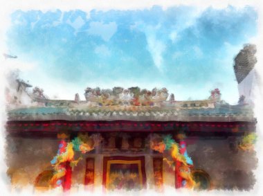 Eski Çin tapınağının manzarası suluboya resim çizimi çizimi.