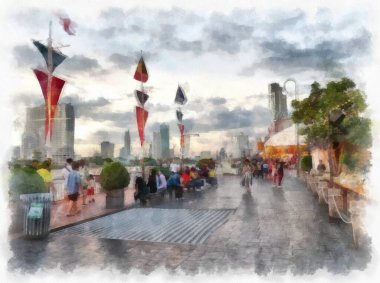 Chao Phraya Nehri manzarası, Bangkok Tayland suluboya resim ressamı.