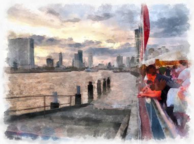 Chao Phraya Nehri manzarası, Bangkok Tayland suluboya resim ressamı.