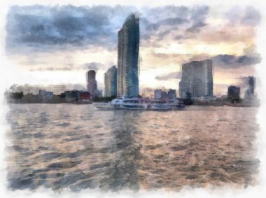Chao Phraya Nehri manzarası, Bangkok Tayland suluboya resim ressamı.