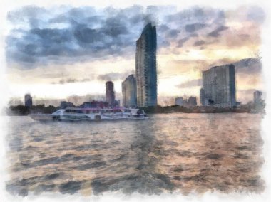 Chao Phraya Nehri manzarası, Bangkok Tayland suluboya resim ressamı.