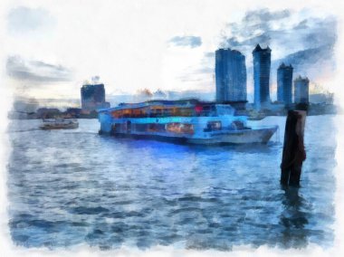 Chao Phraya Nehri manzarası, Bangkok Tayland suluboya resim ressamı.