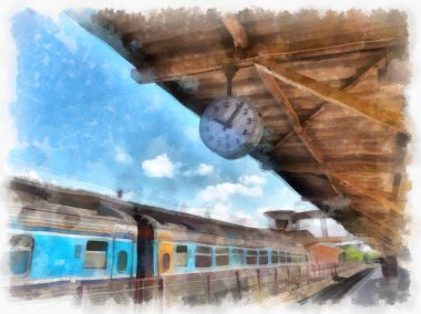 Tren istasyonu peyzajı suluboya resim çizimi.