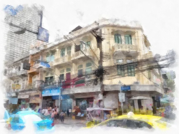 バンコク市内風景水彩スタイルのイラスト印象派絵画 — ストック写真