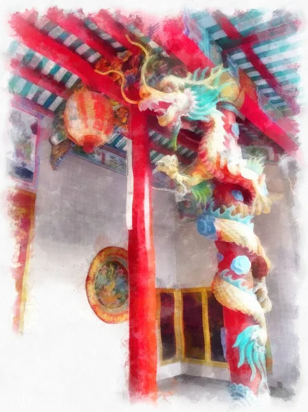 Landschap Van Oude Chinese Heiligdom Gebouw Aquarel Stijl Illustratie Impressionistische — Stockfoto