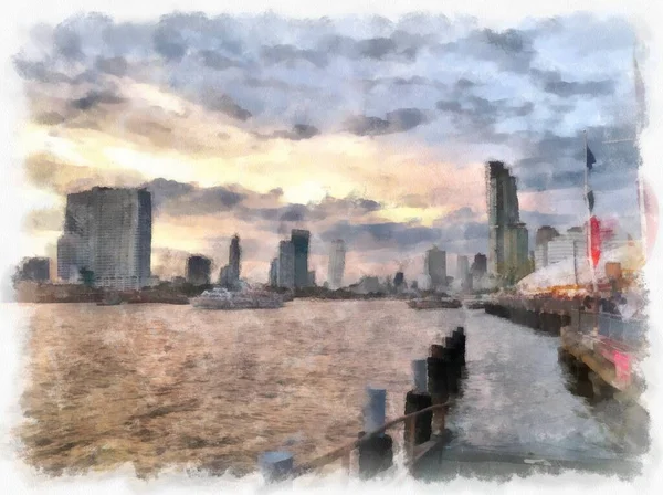 Paisagem Rio Chao Phraya Bangkok Tailândia Aquarela Estilo Ilustração Pintura — Fotografia de Stock
