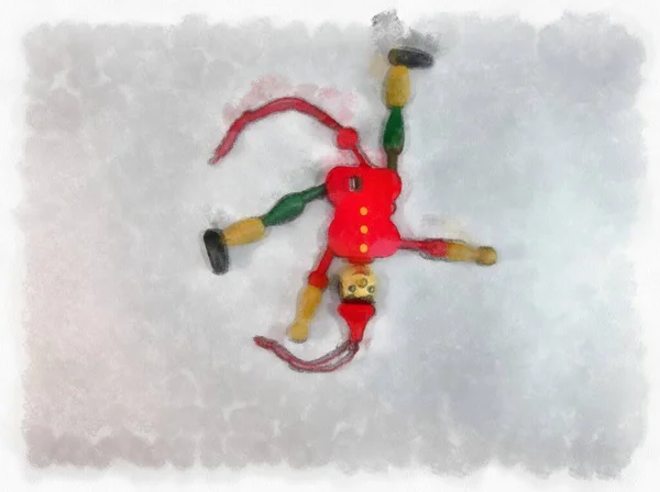 Antico Rosso Verde Giocattoli Bambola Legno Acquerello Stile Illustrazione Impressionista — Foto Stock