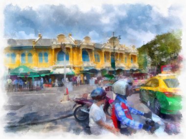 Bangkok Büyük Sarayı 'nın çevresindeki sokakların ve antik binaların manzarası suluboya resim çizimi izlenimcisi.