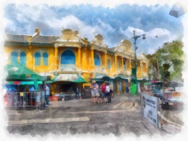 Bangkok Büyük Sarayı 'nın çevresindeki sokakların ve antik binaların manzarası suluboya resim çizimi izlenimcisi.