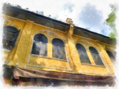 Bangkok Büyük Sarayı 'nın çevresindeki sokakların ve antik binaların manzarası suluboya resim çizimi izlenimcisi.