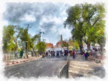 Bangkok Büyük Sarayı 'nın çevresindeki sokakların ve antik binaların manzarası suluboya resim çizimi izlenimcisi.