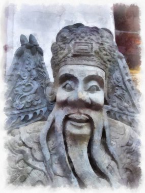 Wat Pho 'nun Bangkok Tayland' daki peyzajı suluboya stili illüstrasyon ressamı.