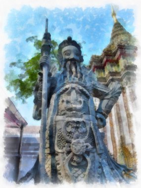Wat Pho 'nun Bangkok Tayland' daki peyzajı suluboya stili illüstrasyon ressamı.