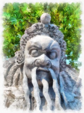 Wat Pho 'nun Bangkok Tayland' daki peyzajı suluboya stili illüstrasyon ressamı.