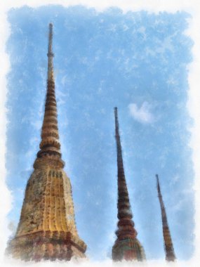 Wat Pho 'nun Bangkok Tayland' daki peyzajı suluboya stili illüstrasyon ressamı.