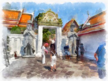 Wat Pho 'nun Bangkok Tayland' daki peyzajı suluboya stili illüstrasyon ressamı.
