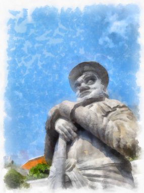 Wat Pho 'nun Bangkok Tayland' daki peyzajı suluboya stili illüstrasyon ressamı.