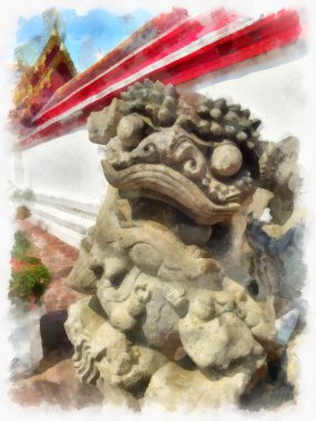 Wat Pho 'nun Bangkok Tayland' daki peyzajı suluboya stili illüstrasyon ressamı.