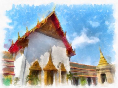 Wat Pho 'nun Bangkok Tayland' daki peyzajı suluboya stili illüstrasyon ressamı.