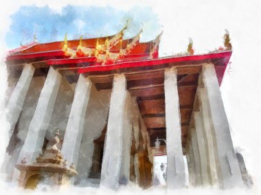 Wat Pho 'nun Bangkok Tayland' daki peyzajı suluboya stili illüstrasyon ressamı.