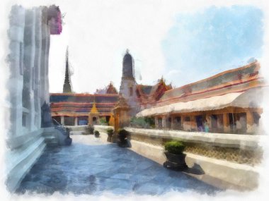 Wat Pho 'nun Bangkok Tayland' daki peyzajı suluboya stili illüstrasyon ressamı.