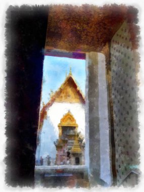 Wat Pho 'nun Bangkok Tayland' daki peyzajı suluboya stili illüstrasyon ressamı.