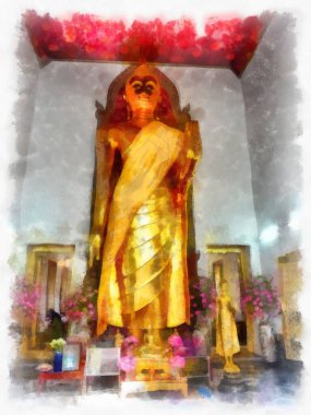 Wat Pho 'nun Bangkok Tayland' daki peyzajı suluboya stili illüstrasyon ressamı.