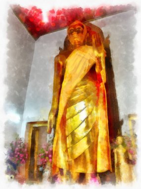 Wat Pho 'nun Bangkok Tayland' daki peyzajı suluboya stili illüstrasyon ressamı.