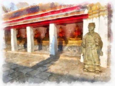 Wat Pho 'nun Bangkok Tayland' daki peyzajı suluboya stili illüstrasyon ressamı.