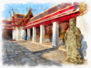 Wat Pho 'nun Bangkok Tayland' daki peyzajı suluboya stili illüstrasyon ressamı.