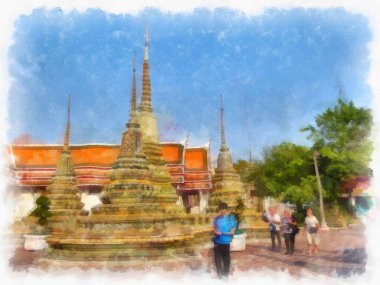 Wat Pho 'nun Bangkok Tayland' daki peyzajı suluboya stili illüstrasyon ressamı.