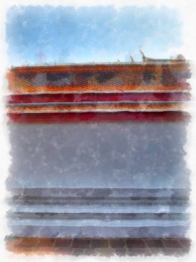 Wat Pho 'nun Bangkok Tayland' daki peyzajı suluboya stili illüstrasyon ressamı.