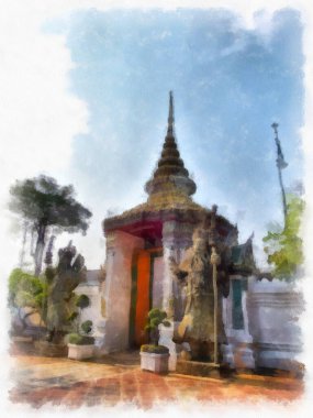 Wat Pho 'nun Bangkok Tayland' daki peyzajı suluboya stili illüstrasyon ressamı.