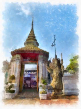 Wat Pho 'nun Bangkok Tayland' daki peyzajı suluboya stili illüstrasyon ressamı.