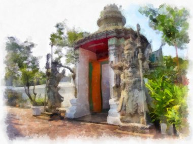 Wat Pho 'nun Bangkok Tayland' daki peyzajı suluboya stili illüstrasyon ressamı.