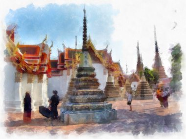 Wat Pho 'nun Bangkok Tayland' daki peyzajı suluboya stili illüstrasyon ressamı.