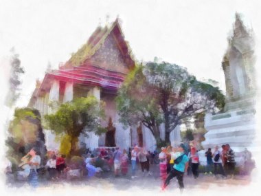 Wat Pho 'nun Bangkok Tayland' daki peyzajı suluboya stili illüstrasyon ressamı.