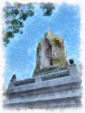 Wat Pho 'nun Bangkok Tayland' daki peyzajı suluboya stili illüstrasyon ressamı.