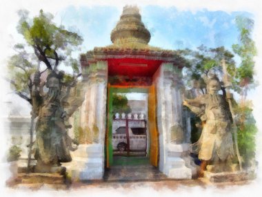 Wat Pho 'nun Bangkok Tayland' daki peyzajı suluboya stili illüstrasyon ressamı.
