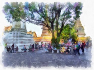 Wat Pho 'nun Bangkok Tayland' daki peyzajı suluboya stili illüstrasyon ressamı.