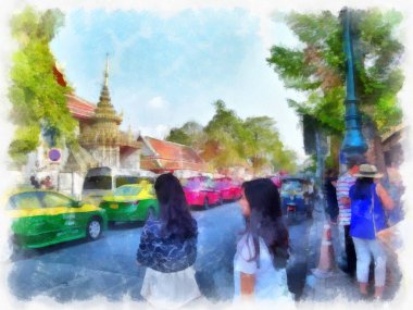 Wat Pho 'nun Bangkok Tayland' daki peyzajı suluboya stili illüstrasyon ressamı.