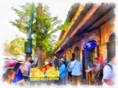 Wat Pho 'nun Bangkok Tayland' daki peyzajı suluboya stili illüstrasyon ressamı.