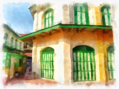 Bangkok Tayland 'daki antik binaların peyzajı suluboya stili illüstrasyon ressamı.