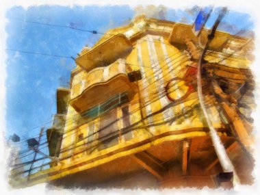 Bangkok Tayland 'daki antik binaların peyzajı suluboya stili illüstrasyon ressamı.