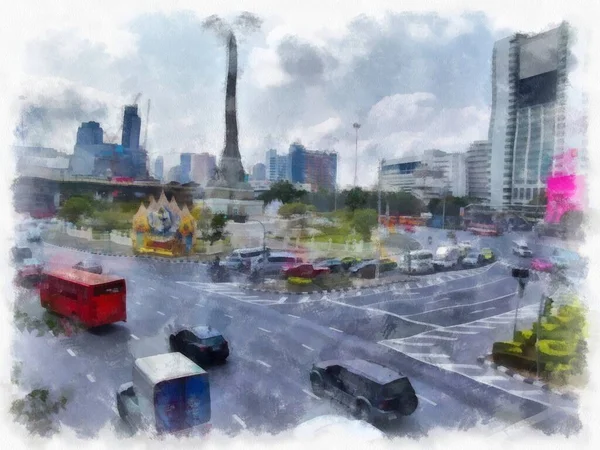 Street Landscape Bangkok Akvarell Stílusú Illusztráció Impresszionista Festmény — Stock Fotó
