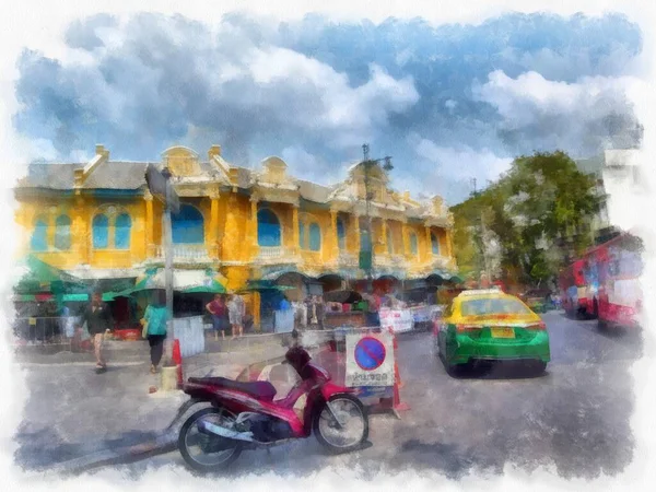 Paysage Rues Bâtiments Anciens Autour Grand Palais Bangkok Aquarelle Illustration — Photo