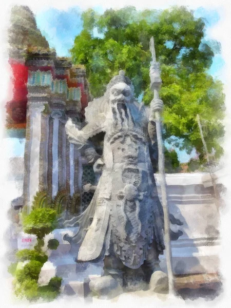 Wat Pho 'nun Bangkok Tayland' daki peyzajı suluboya stili illüstrasyon ressamı.