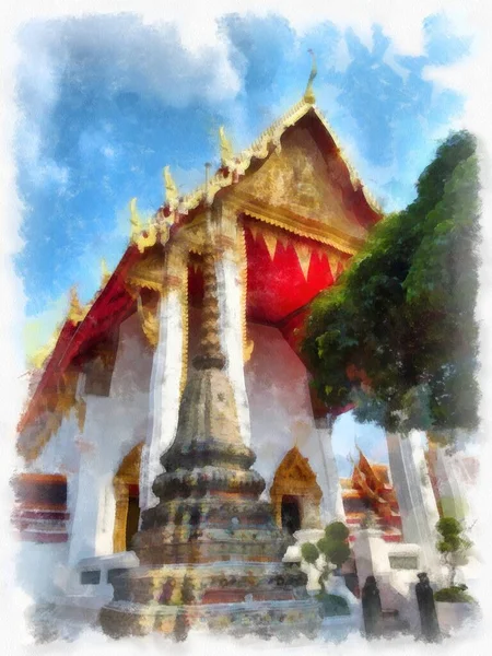 Landscape Wat Pho Bangkokban Thaiföld Akvarell Stílus Illusztráció Impresszionista Festmény — Stock Fotó