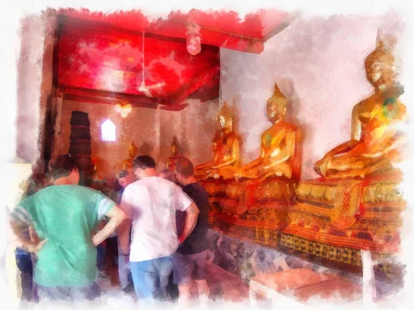 Paisagem Wat Pho Bangkok Tailândia Aquarela Estilo Ilustração Impressionista Pintura — Fotografia de Stock